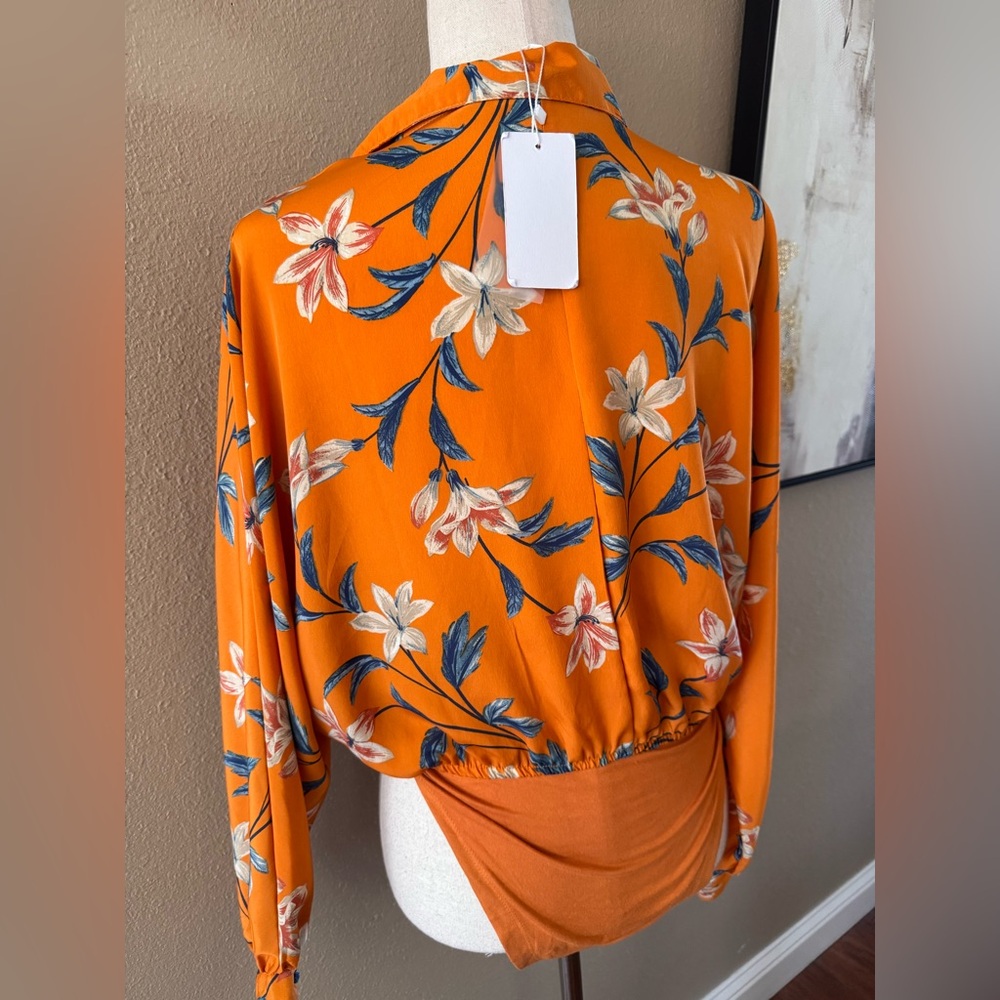 Floral Orange Wrap Long Sleeve Boho Bodysuit - Picture 6 of 9